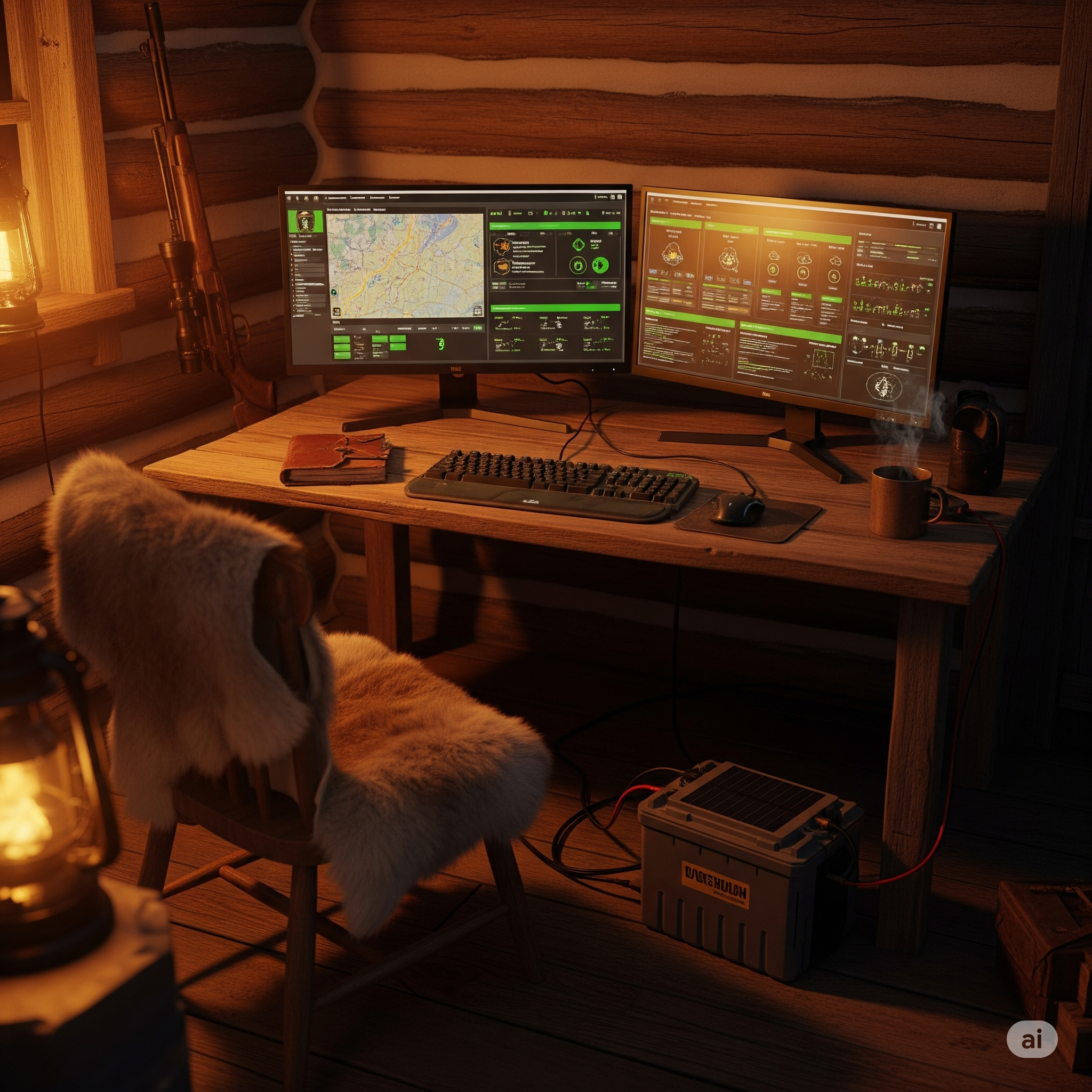Camp Node workstation with dual monitors and lantern