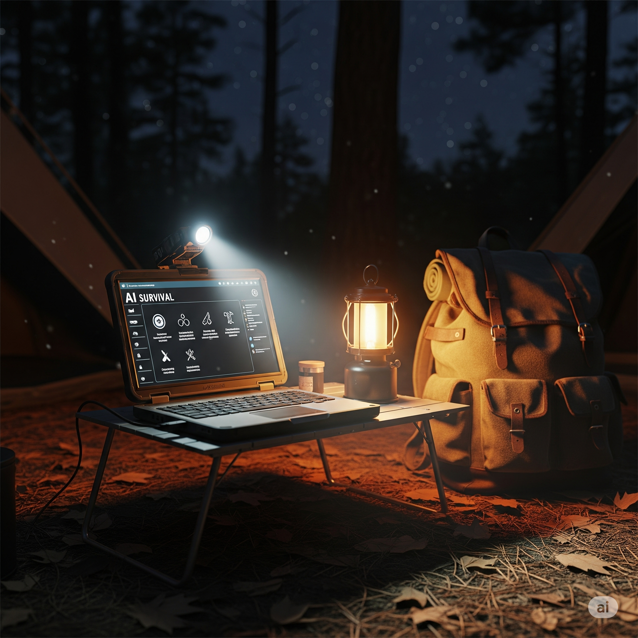 Trail Kit laptop running offline survival AI at night