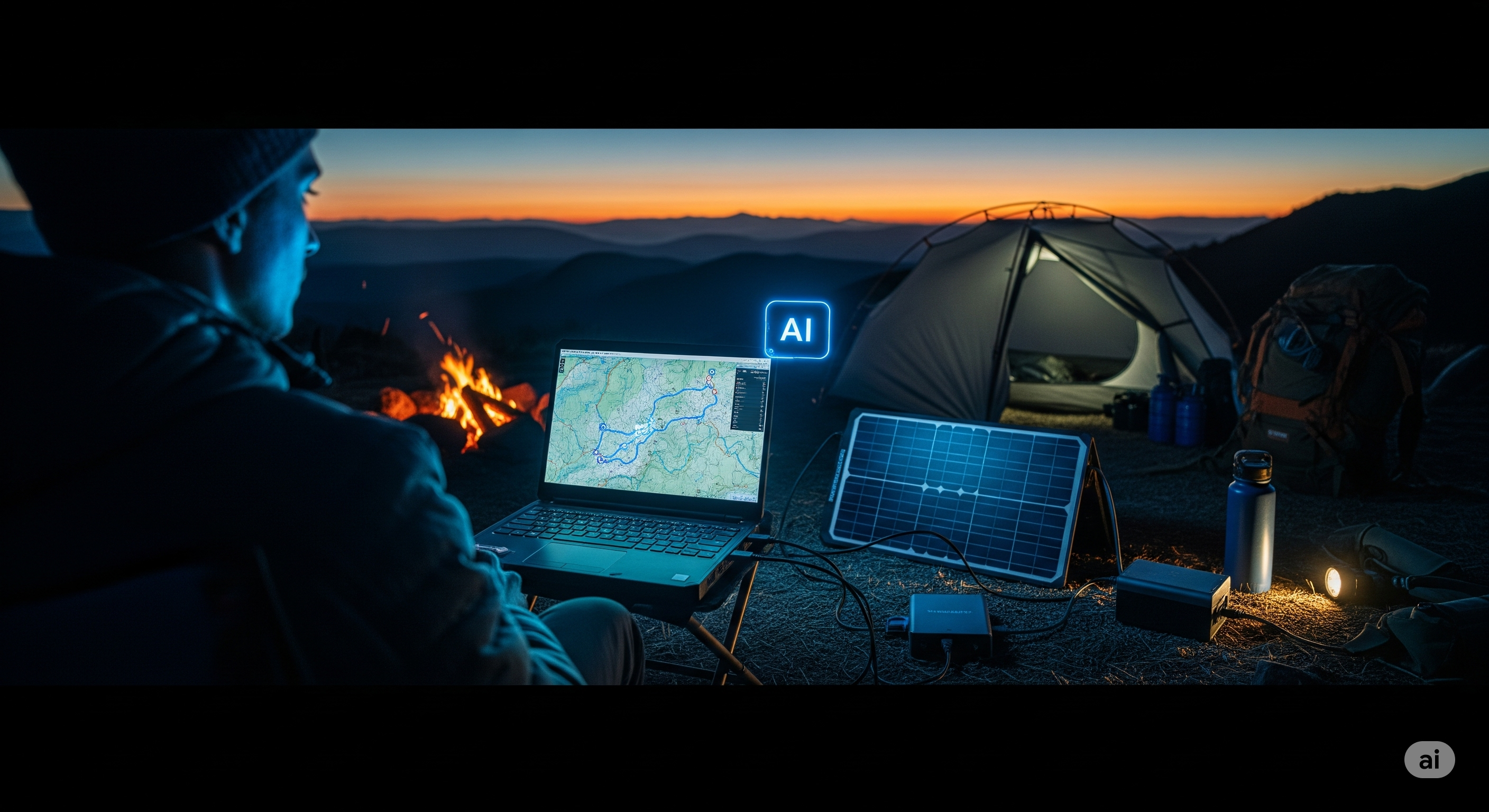 Off‑grid survival camp with laptop, solar panel, tent and campfire