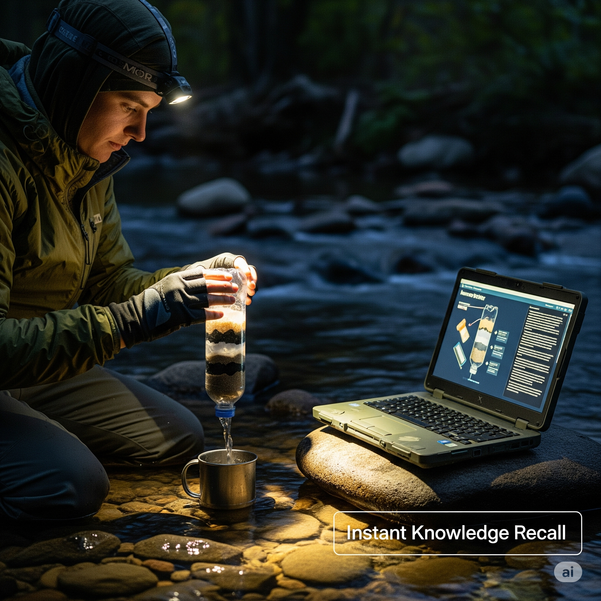 Water filtration beside a river with rugged laptop for guidance