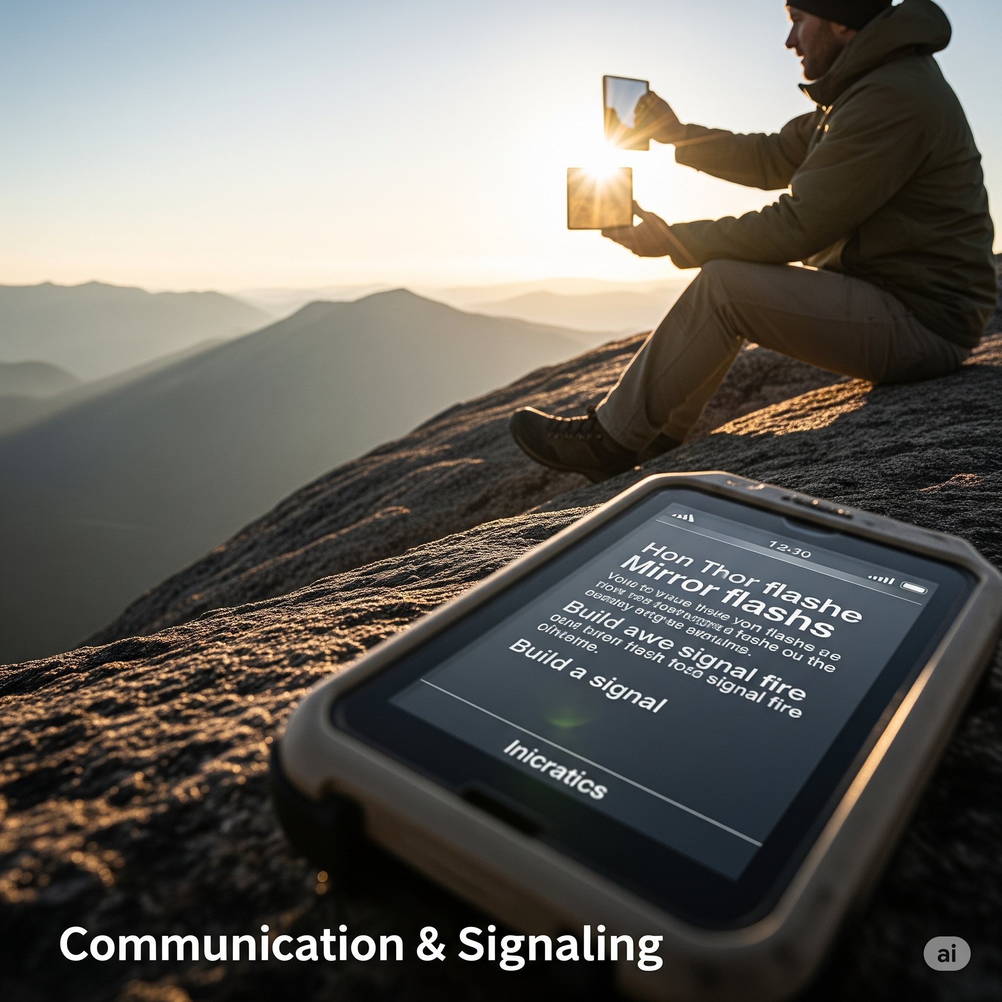 Tablet showing SOS communication in the mountains