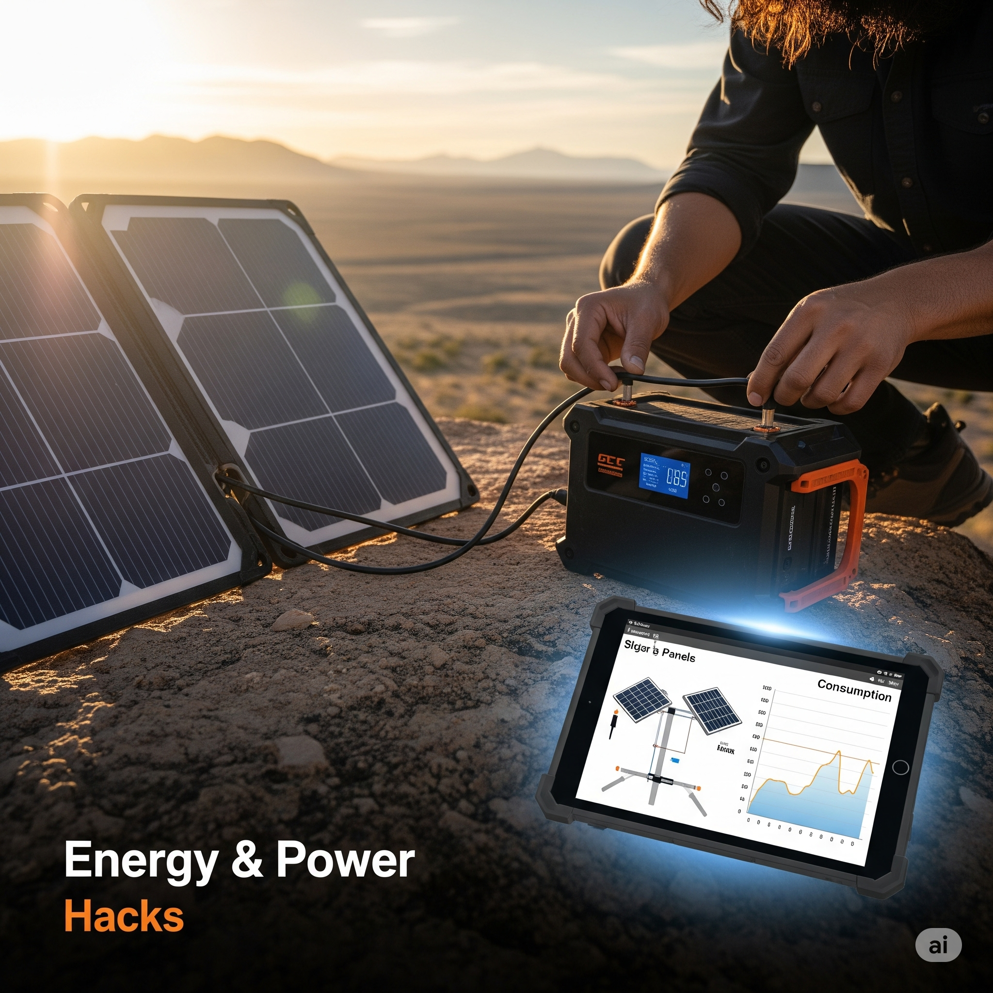 Solar panels and battery powering off‑grid devices