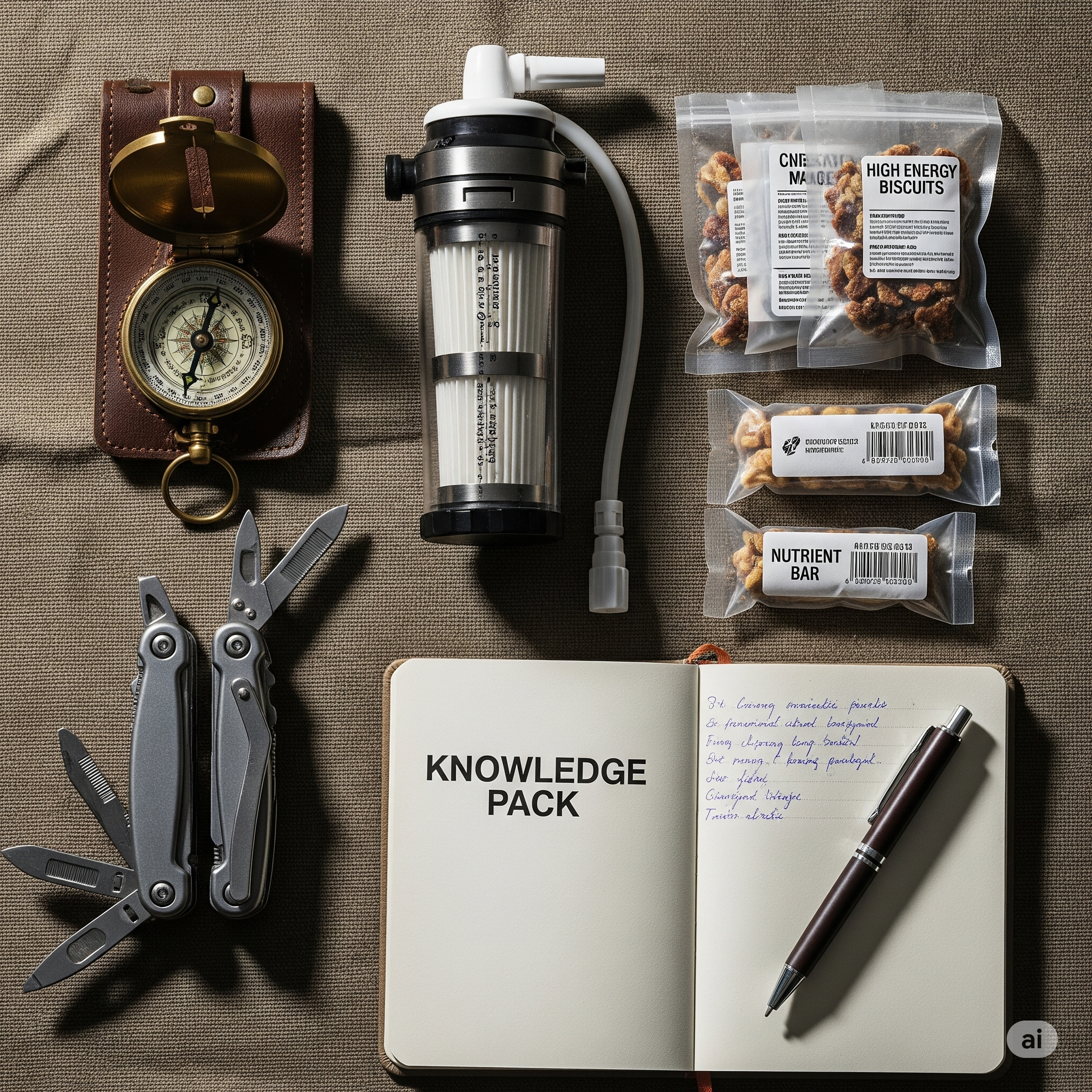 Compass, multi‑tool, water filter, rations and notebook knowledge pack