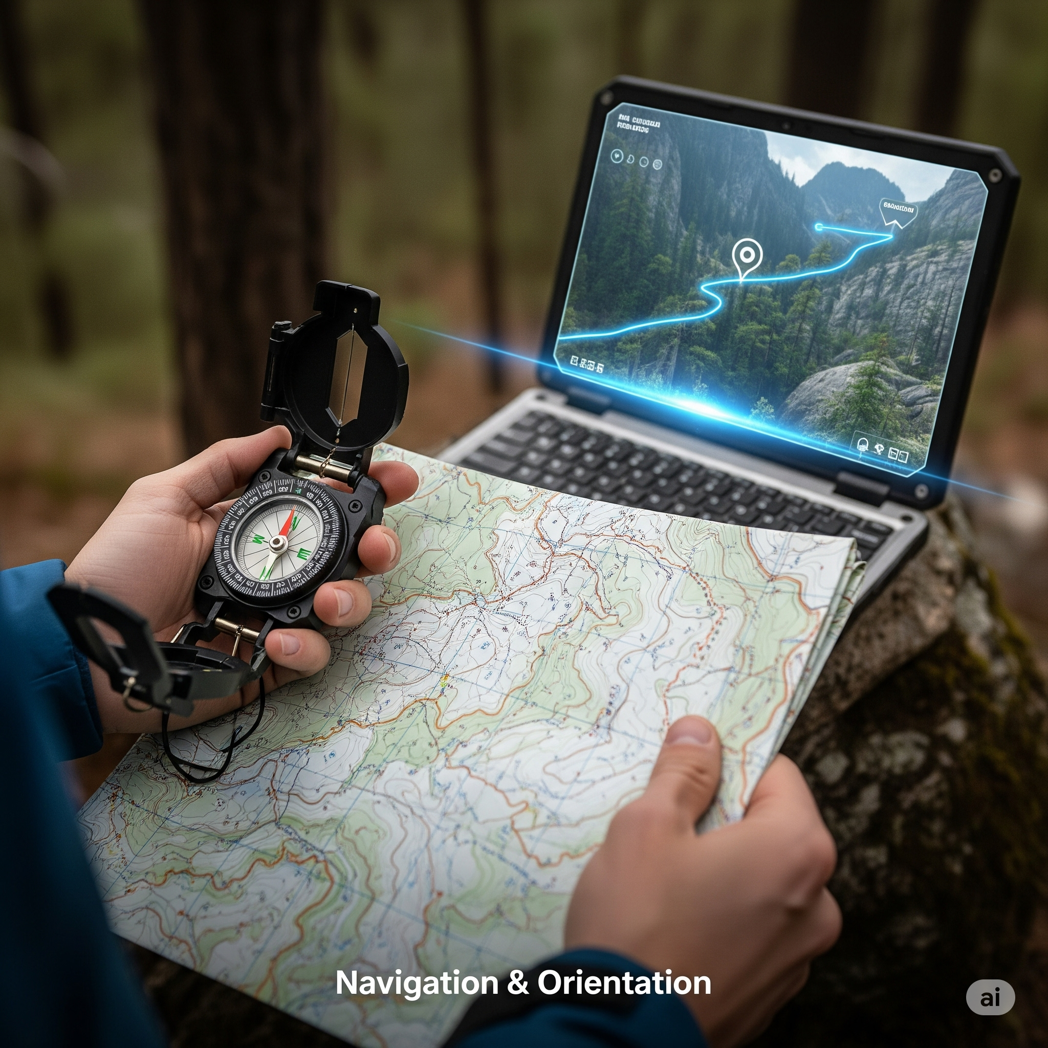 Map and compass with laptop for navigation and orientation